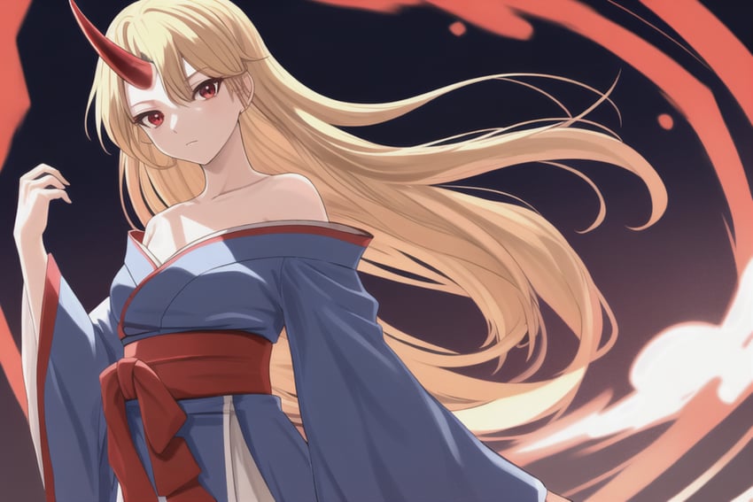 1girl, blonde_hair, blue_kimono, breasts, collarbone, cowboy_shot, highres, horns