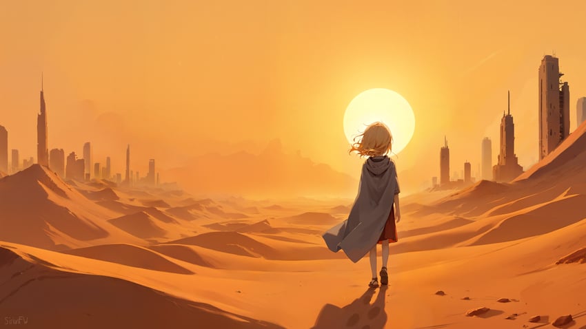 1girl, absurdres, artist_name, bare_legs, blonde_hair, building, cape, city