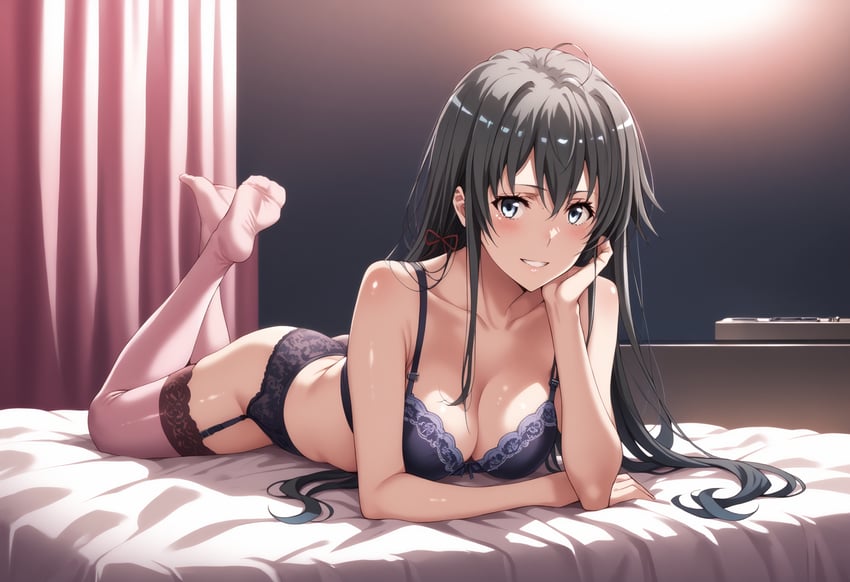 1girl, absurdres, bangs, bed, black_hair, booby5291, bra, breasts