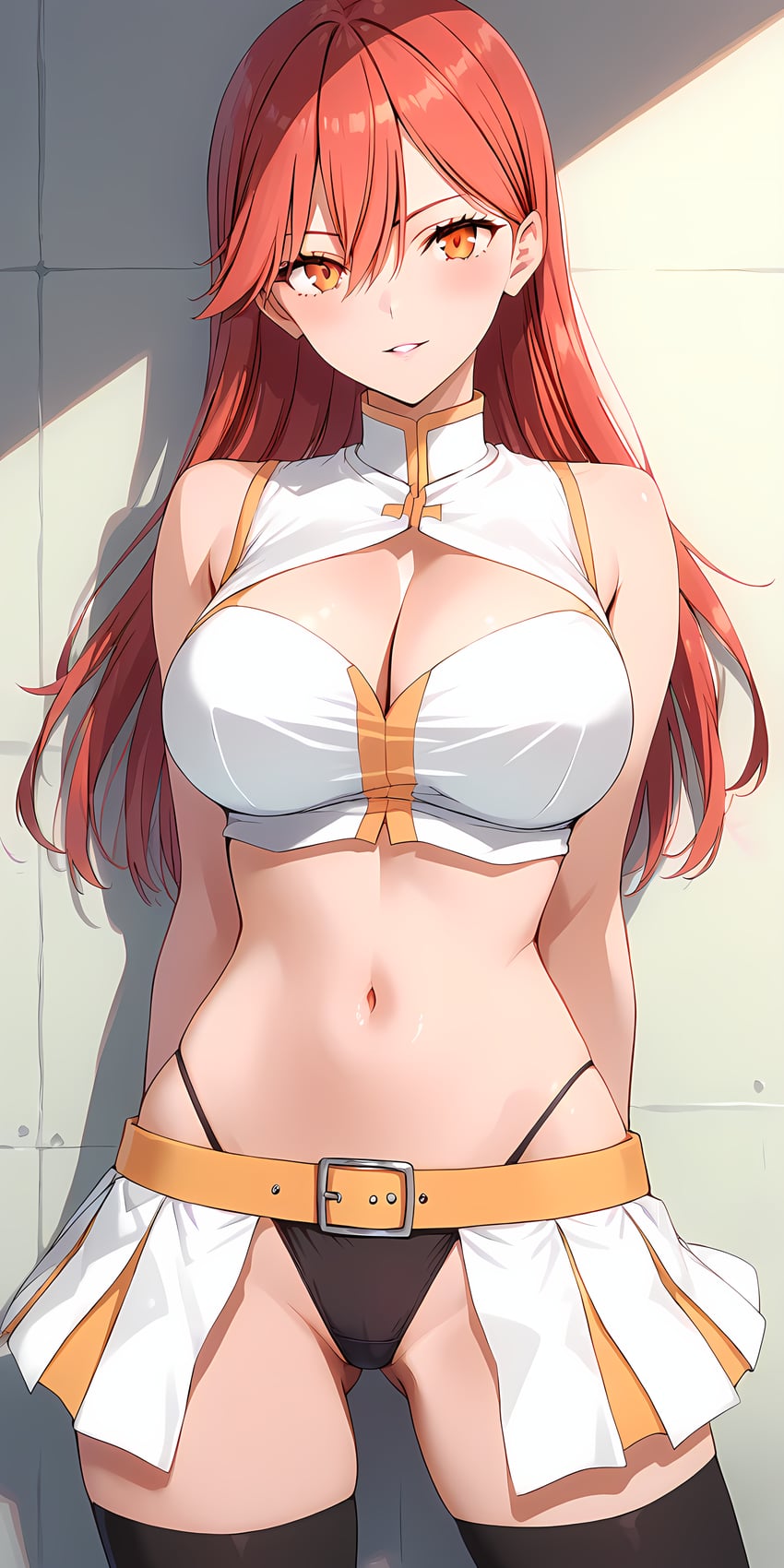 1girl, 2.5_jigen_no_ririsa, absurdres, ariel_(2.5_jigen_no_ririsa), arms_behind_back, belt, black_panties, breasts, cosplay, crotch_seam, highleg, highleg_panties, highres, illustrious-xl, kisaki_aria, large_breasts, light_blush, looking_at_viewer, lora, navel, open_clothes, open_skirt, panties, pleated_skirt, raxne100, red_hair, skirt, solo, sunlight, thighhighs, underwear