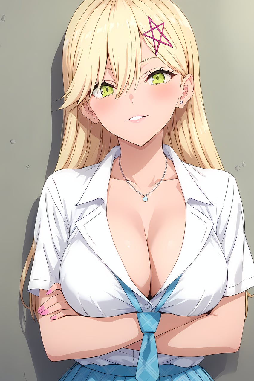 1girl, 2.5_jigen_no_ririsa, absurdres, ariel_(2.5_jigen_no_ririsa), blonde_hair, blush, breasts, cleavage, collarbone, crossed_arms, earrings, highres, illustrious-xl, jewelry, large_breasts, looking_at_viewer, lora, nail_polish, necktie, pleated_skirt, raxne100, school_uniform, shirt, skirt, smile, solo, white_shirt