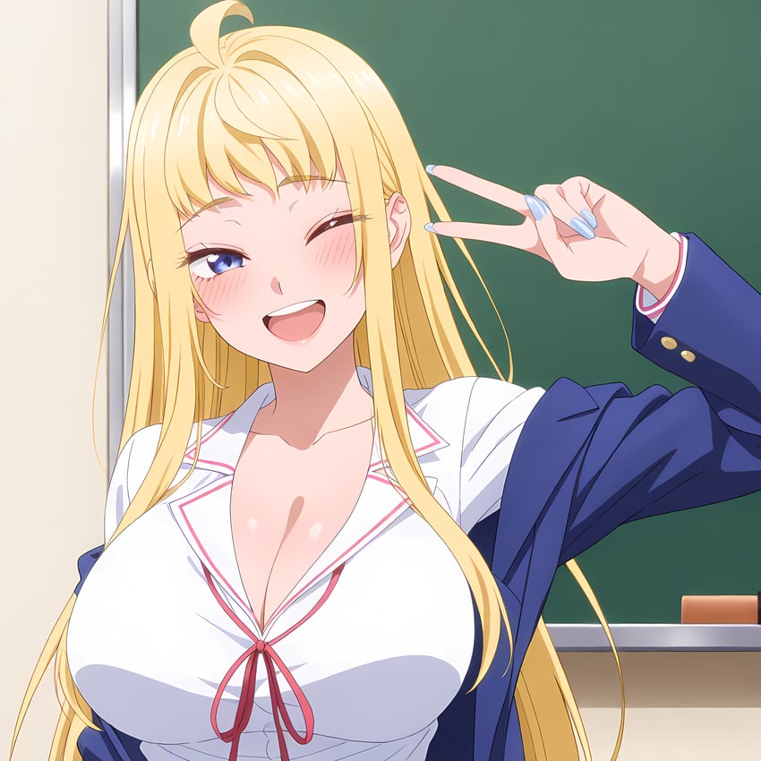 1girl, absurdres, bangs, blonde_hair, blush, breasts, chalkboard, cleavage