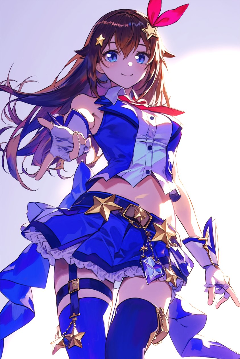 1girl, bare_shoulders, belt, blue_eyes, blue_skirt, blush, bow, breasts, brown_hair, bubu2kufo, closed_mouth, cowboy_shot, crop_top, detached_sleeves, gloves, hair_between_eyes, hair_ornament, hairclip, hololive, long_hair, looking_at_viewer, medium_breasts, midriff, miniskirt, model_request, navel, reaching_towards_viewer, ribbon, shirt, shorts, simple_background, skirt, sleeveless, sleeveless_shirt, smile, solo, thighhighs, tokino_sora, tokino_sora_(1st_costume), virtual_youtuber, white_background, zettai_ryouiki