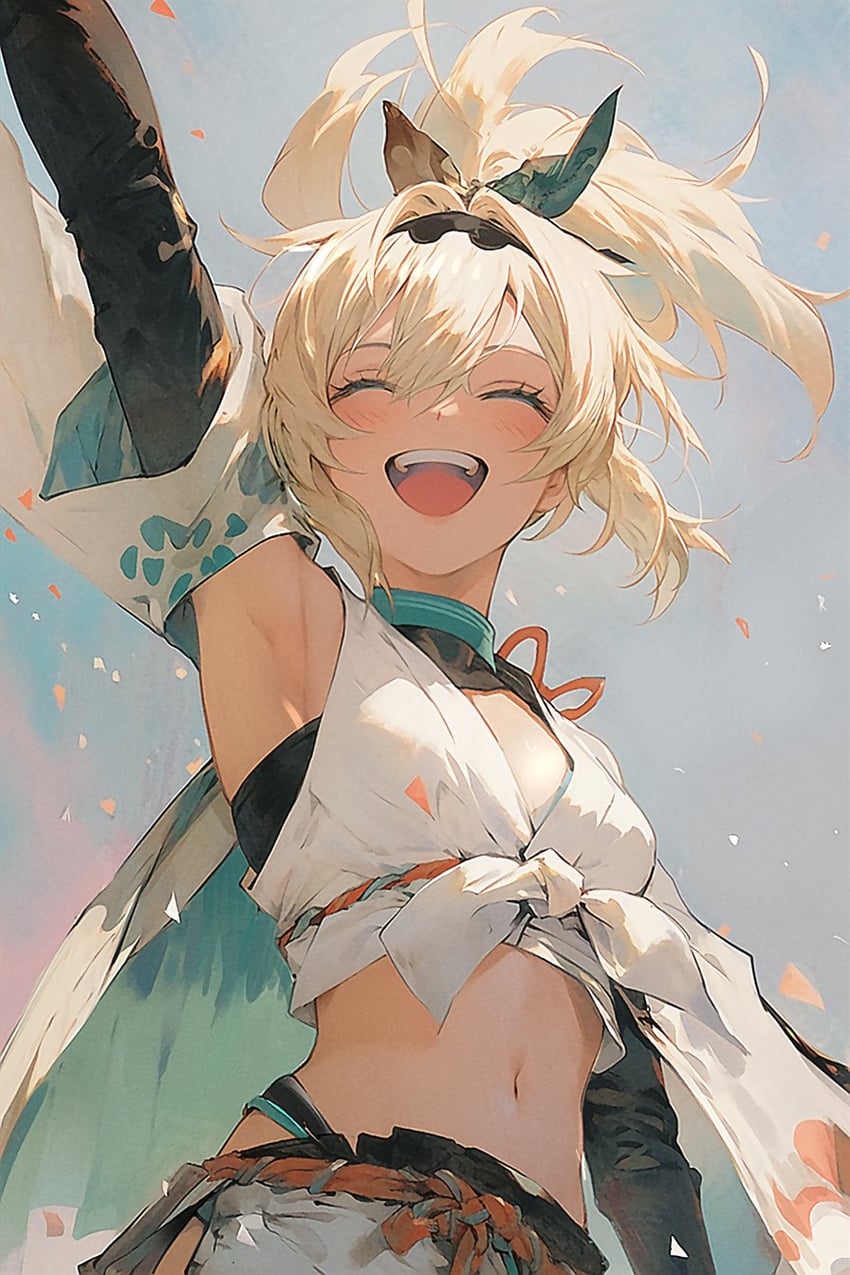 1girl, :d, ^_^, alternate_costume, arm_up, armpits, bare_shoulders, blonde_hair