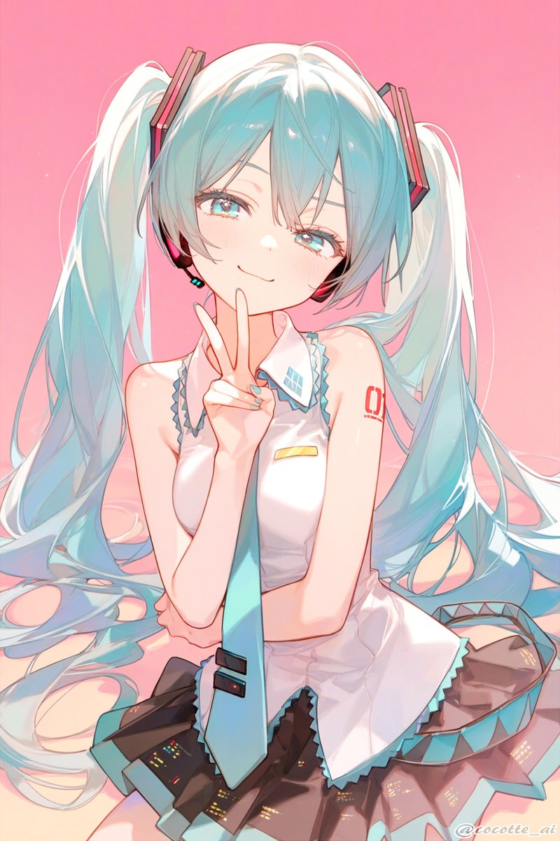 1girl, aqua_eyes, aqua_hair, aqua_nails, aqua_necktie, aqua_trim, bare_shoulders, black_headphones