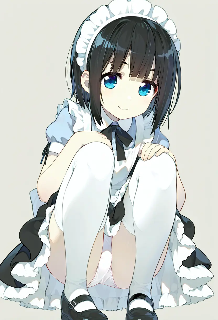 1girl, apron, black_footwear, black_hair, blue_eyes, blush, closed_mouth, crotch_seam