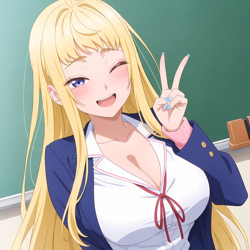 1girl, absurdres, bangs, blonde_hair, blue_eyes, blue_jacket, blue_nails, blush