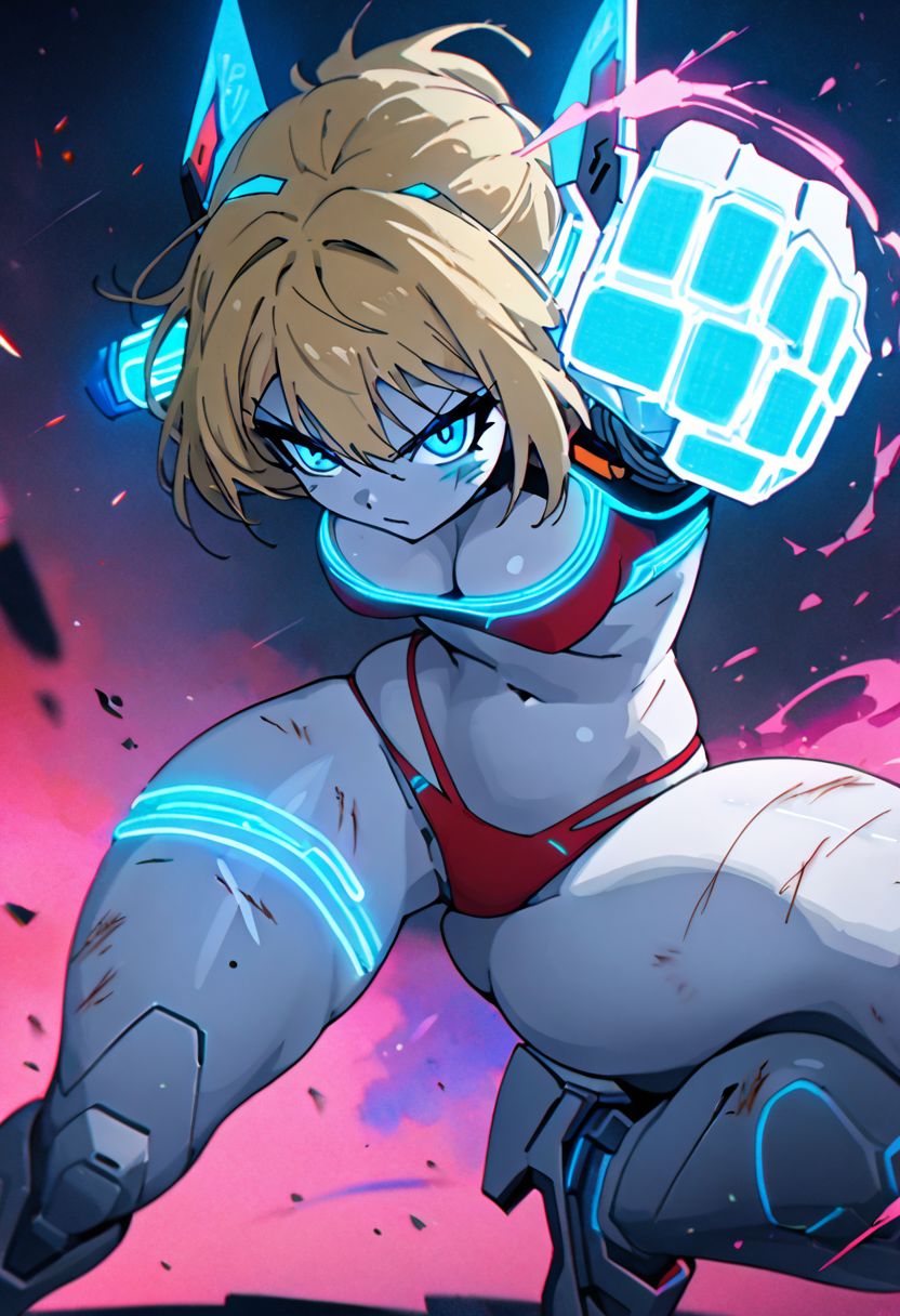 1girl, >:(, alternate_costume, alternate_hairstyle, animaginexl, blonde_hair, blue_eyes, breasts