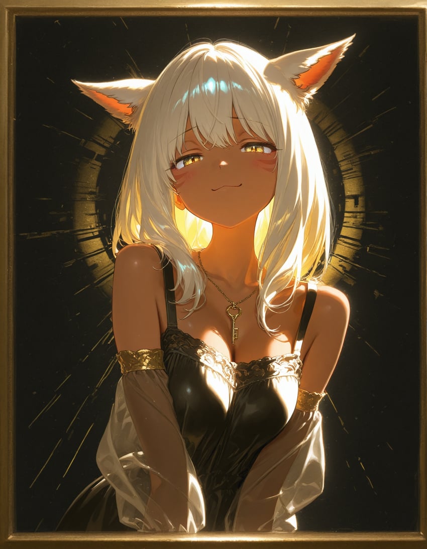1girl, :3, animal_ears, auronami, backlighting, bangs, black_background, black_dress