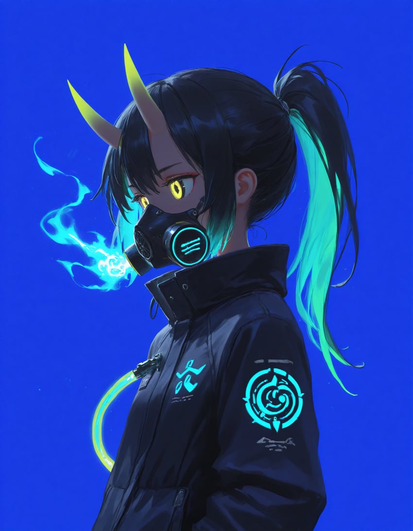 1girl, aqua_hair, auronami, bangs, black_hair, black_jacket, blue_background, blue_fire