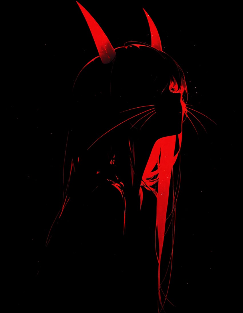 1girl, asanajm, auronami, dark_background, faceless, faceless_female, fantasy, glowing, glowing_hair, highres, horns, metadata_request, original, red_theme, self-upload, solo, tagme, upper_body, whiskers