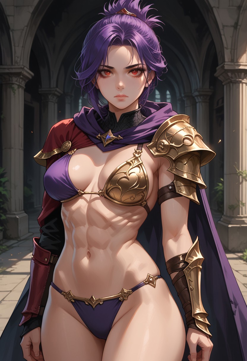 1girl, abs, armor, bikini_armor, breasts, breasts_apart, cape, column