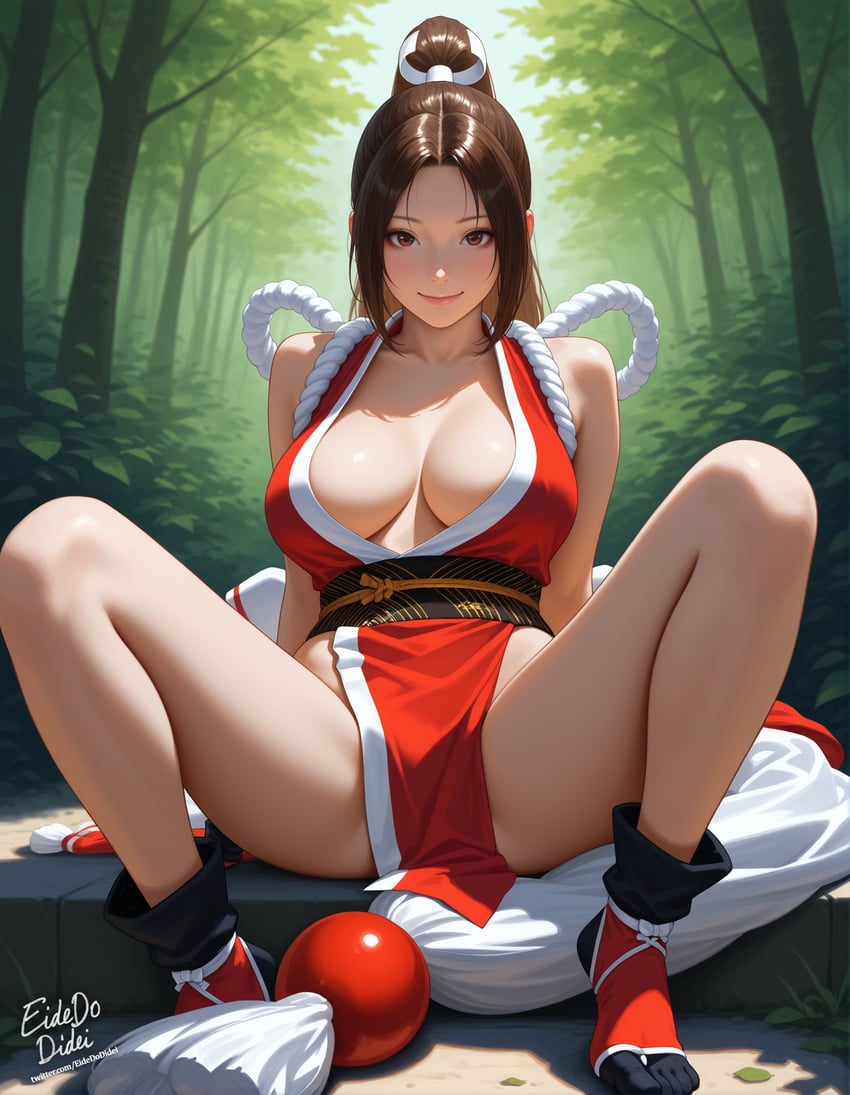 1girl, artist_name, blush, breasts, brown_eyes, brown_hair, cleavage, dead_or_alive, eidedodidei, fatal_fury, forest, high_ponytail, highres, long_hair, looking_at_viewer, model_request, nature, ninja, revealing_clothes, shiny, shiny_skin, shiranui_mai, smile, solo, spread_legs, the_king_of_fighters