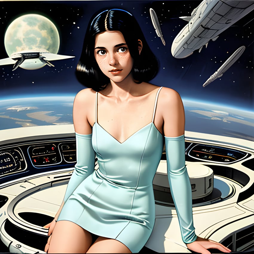 1girl, black_hair, blue_dress, classic, collarbone, detached_sleeves, dress, freckles