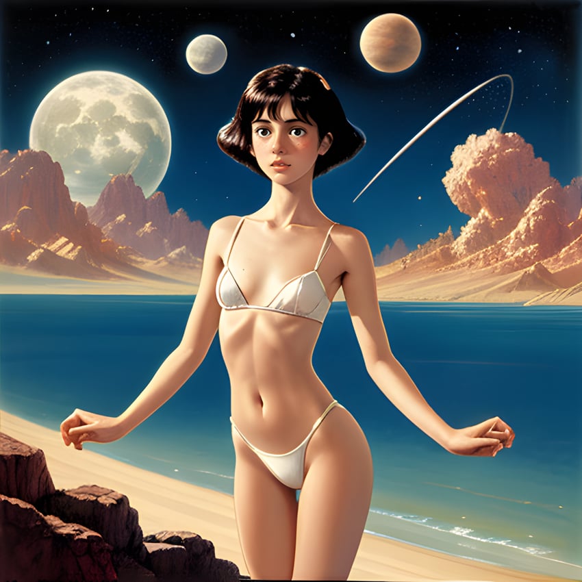 1girl, asteroid, bad_hands, bangs, beach, bikini, breasts, brown_hair