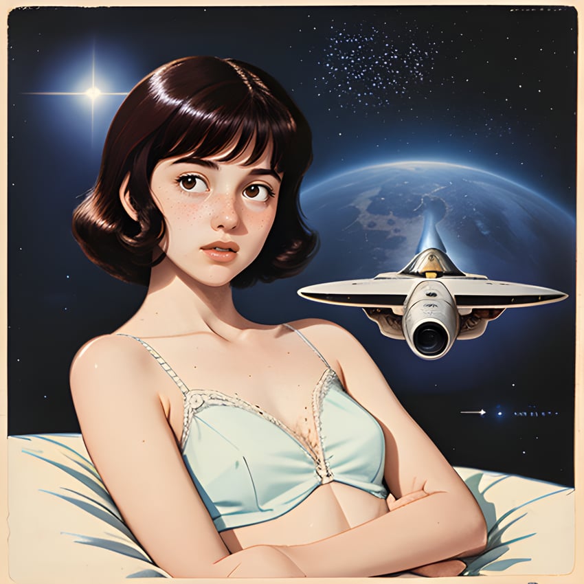 1girl, bangs, bed, bra, breasts, brown_eyes, brown_hair, classic