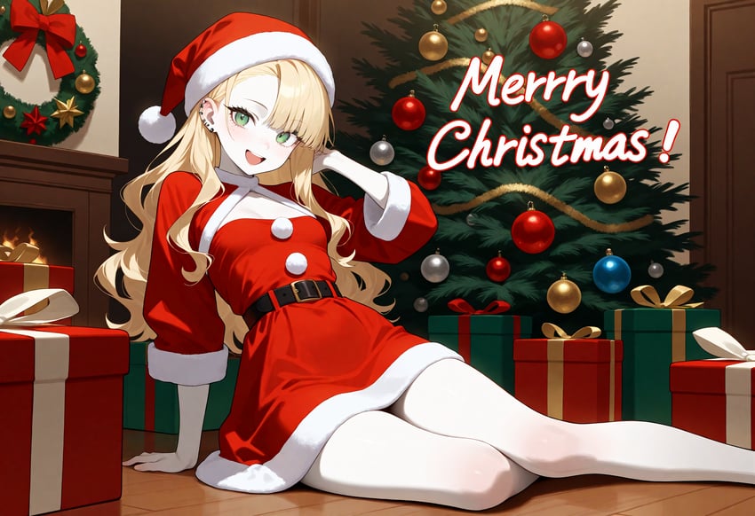 1girl, absurdres, arm_support, blonde_hair, breasts, christmas, christmas_ornaments, christmas_present