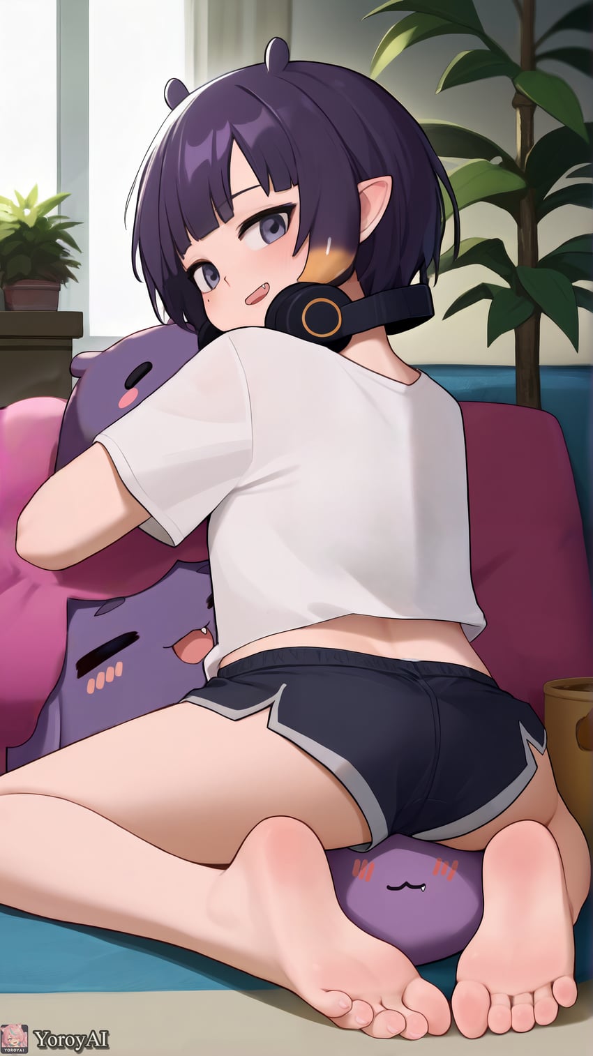 1girl, absurdres, ass, bangs, barefoot, dolphin_shorts, fang, feet