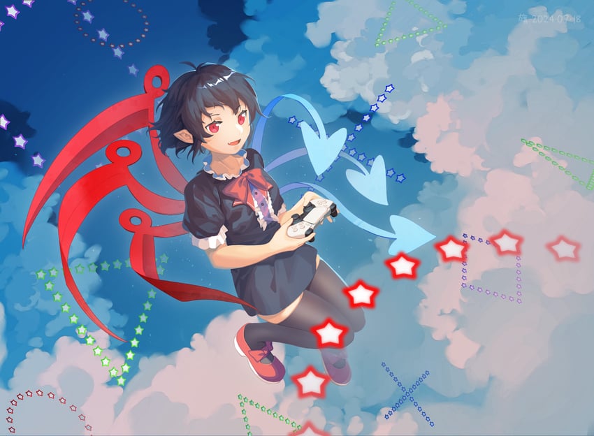 1girl, :d, artist_request, black_dress, black_hair, black_thighhighs, blue_wings, bow