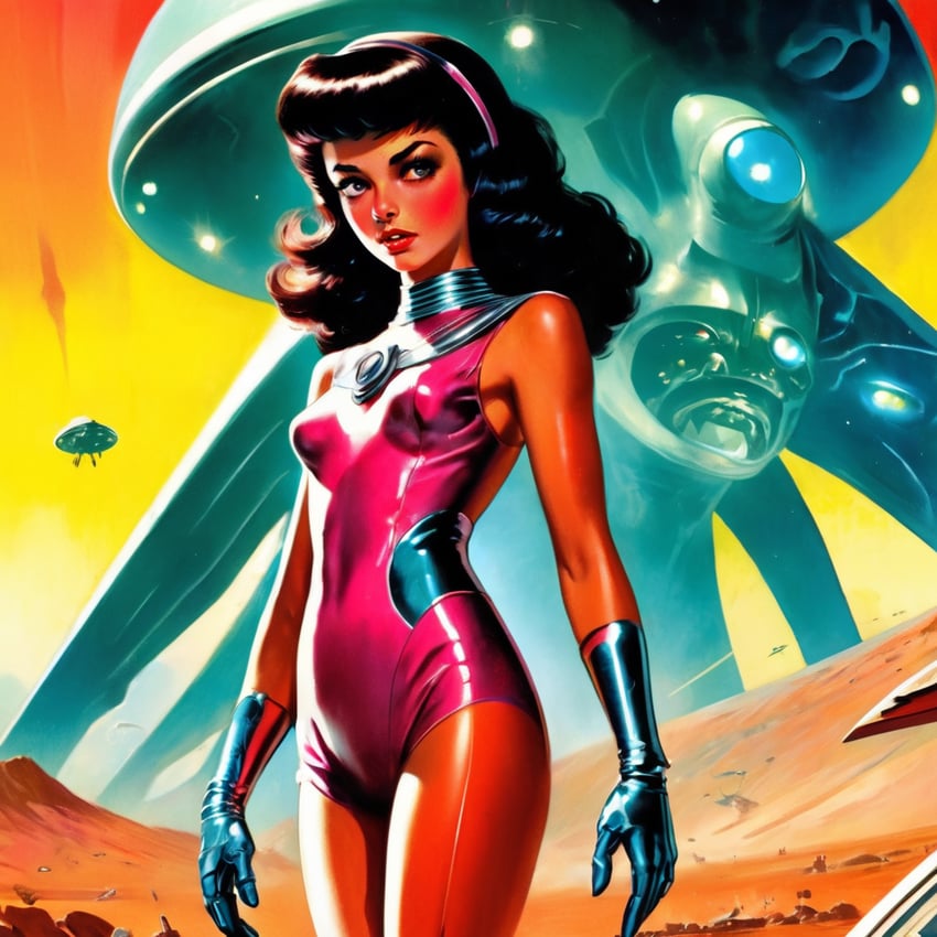 1girl, alien, bangs, bare_arms, bare_legs, blush, breasts, brown_hair