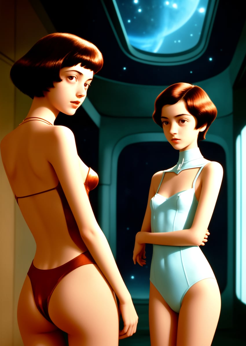 2girls, ass, back, bangs, bikini, bob_cut, brown_eyes, brown_hair