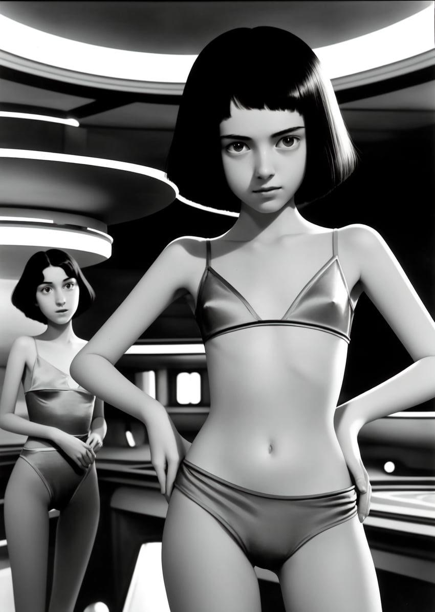 2girls, bad_hands, bikini, bob_cut, brown_eyes, brown_hair, classic, collarbone, commentary, english_commentary, error, greyscale, hands_on_own_hips, jbamba, lora, model_request, monochrome, multiple_girls, navel, original, realistic, retro_artstyle, retrofuturism, science_fiction, self-upload, skinny, stomach, swimsuit, thighs, vintage