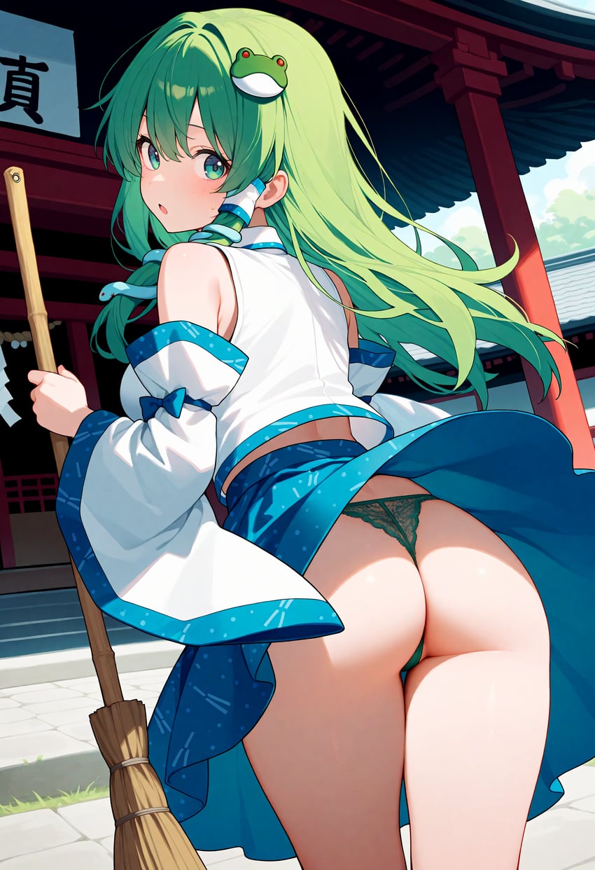 1girl, :o, absurdres, architecture, ass, blue_skirt, broom, cowboy_shot, detached_sleeves, east_asian_architecture, floating_hair, from_behind, green_eyes, green_hair, green_panties, hair_ornament, highres, holding, holding_broom, kochiya_sanae, lace, lace_panties, light_blush, long_hair, looking_back, lorim, outdoors, panties, pantyshot, resized, self-upload, shirt, single_sidelock, skirt, sleeveless, sleeveless_shirt, solo, temple, the_i_wondermix, thong, touhou, underwear, upscaled, wind, wind_lift