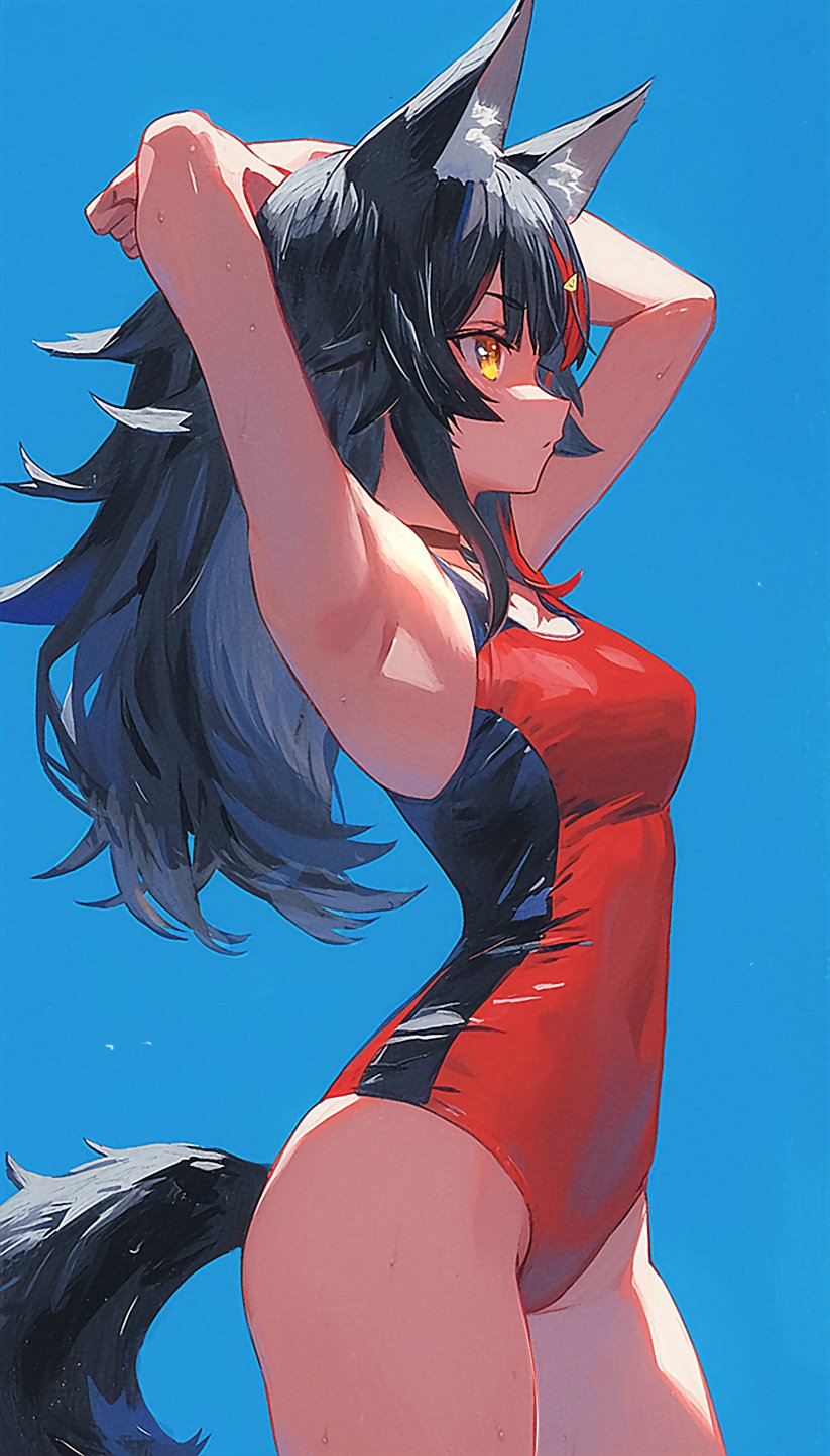 1girl, alternate_costume, animal_ear_fluff, animal_ears, armpits, arms_up, bare_shoulders, black_hair