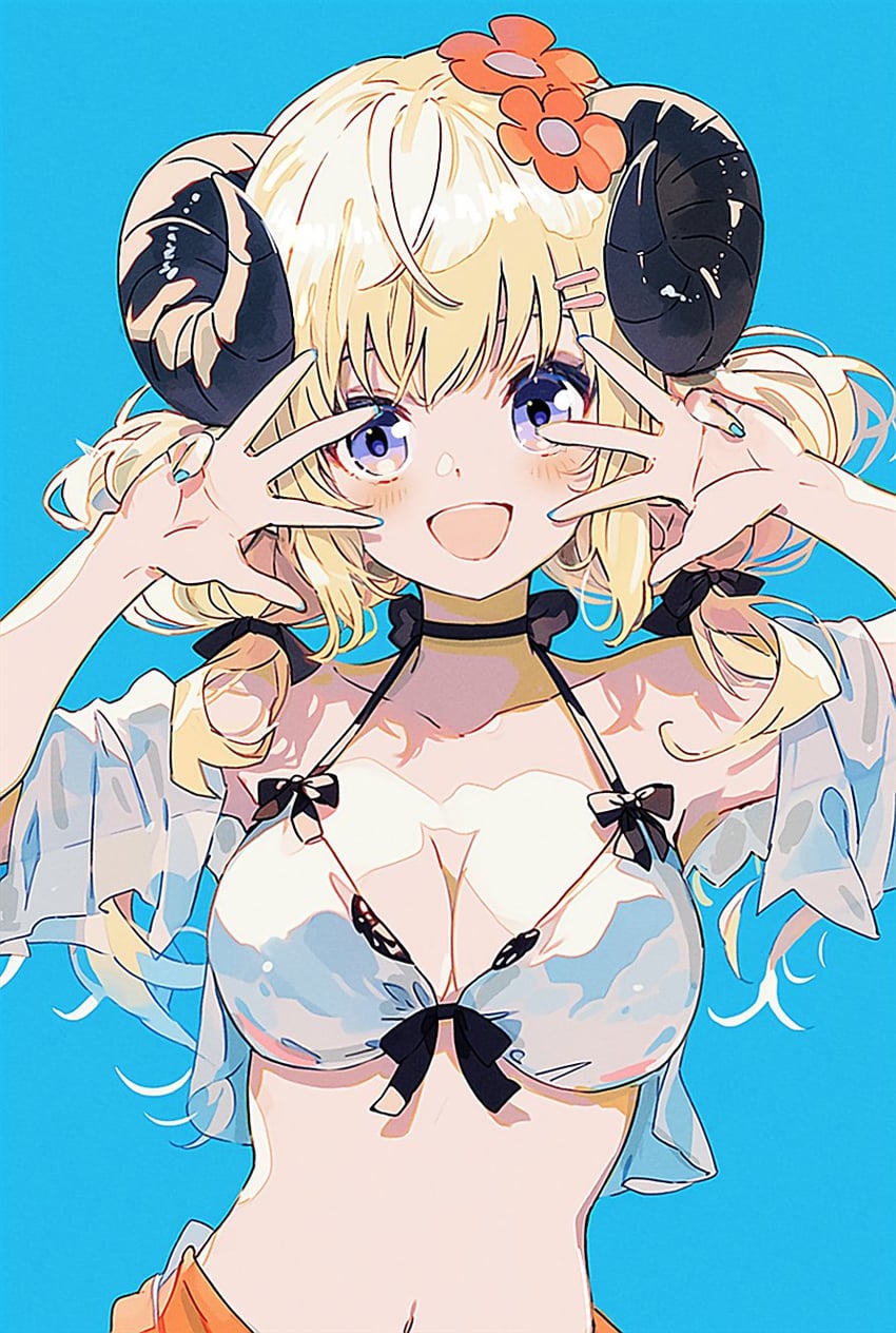 1girl, :d, alternate_costume, aqua_nails, bikini, blonde_hair, blue_background, blush