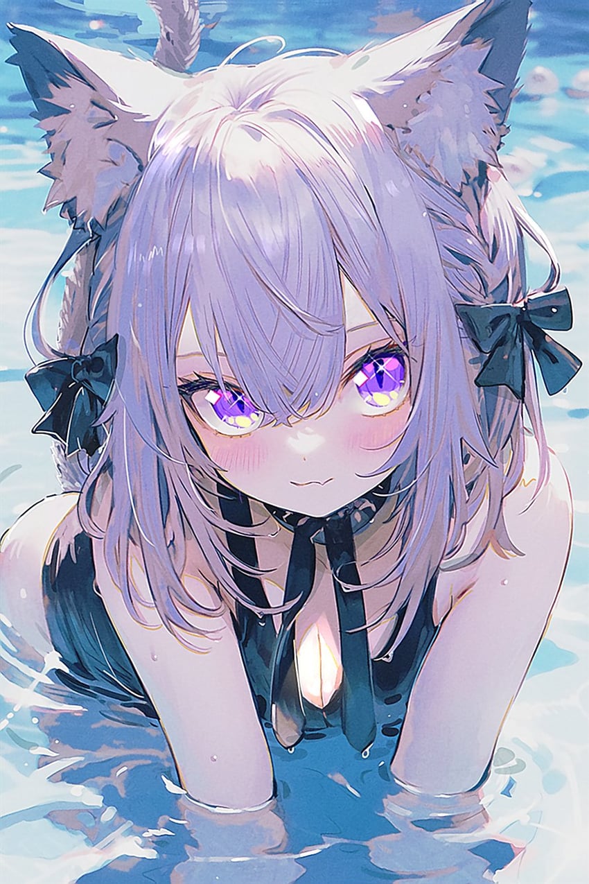 1girl, ahoge, alternate_costume, animal_ear_fluff, animal_ears, bare_arms, bare_shoulders, bikini