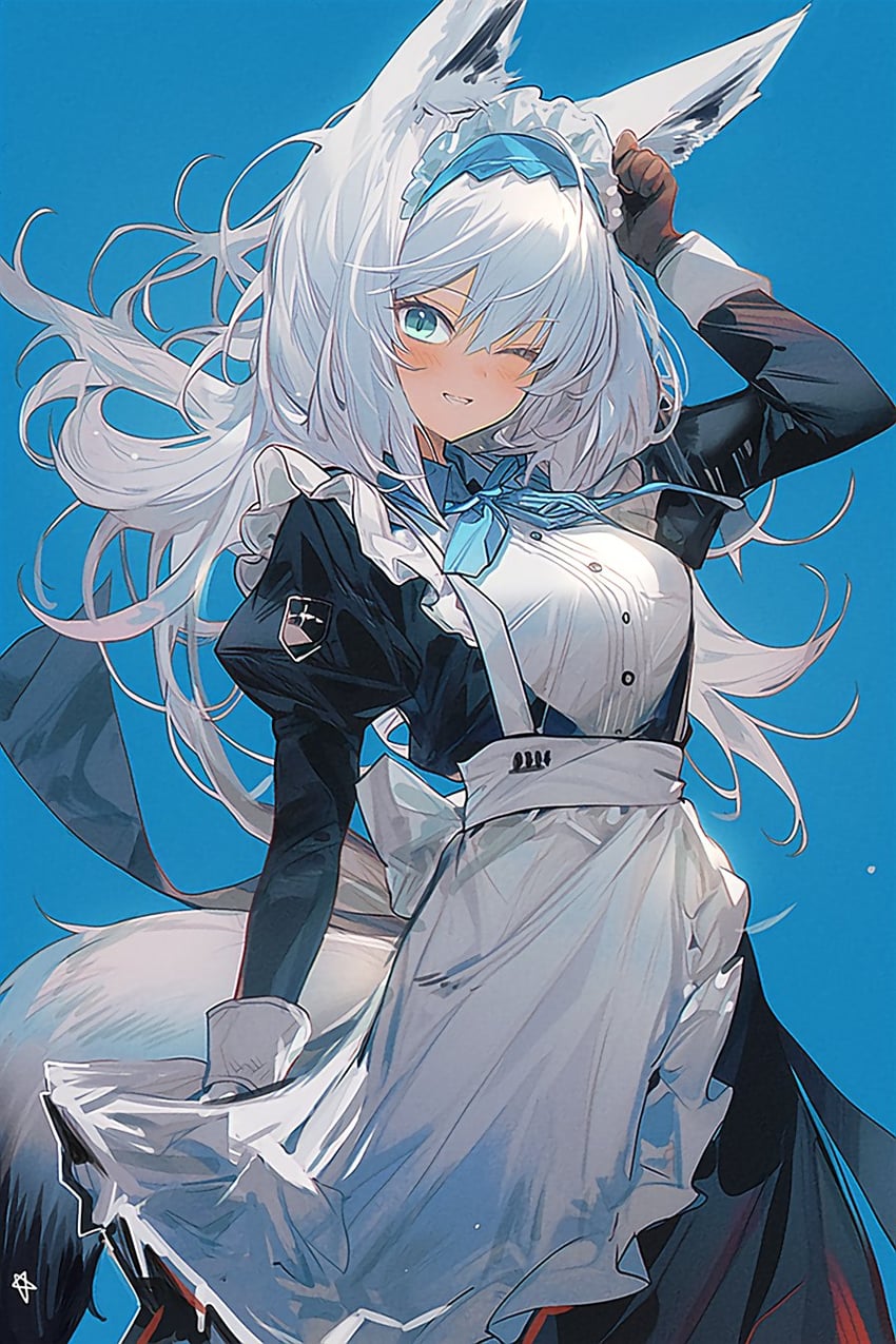 1girl, alternate_costume, animal_ear_fluff, animal_ears, apron, blue_background, blue_eyes, blush