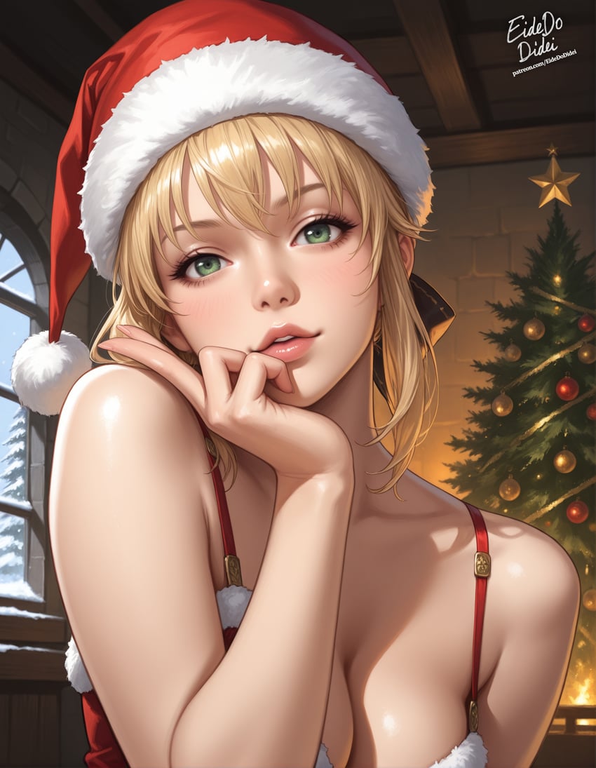 1girl, artist_name, black_ribbon, blonde_hair, blush, breasts, cassandra_alexandra, christmas