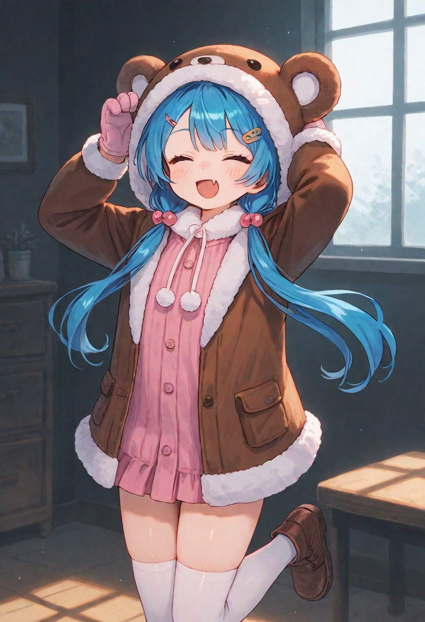 1girl, :d, animal_ears, animal_hood, arm_behind_head, arms_up, bangs, bear_ears