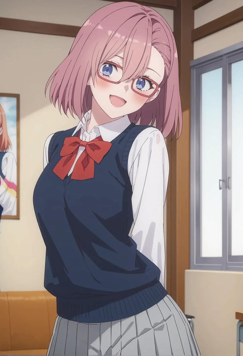 1girl, 2.5_jigen_no_ririsa, absurdres, amano_ririsa, arms_behind_back, bangs, blue_eyes, blue_sweater_vest