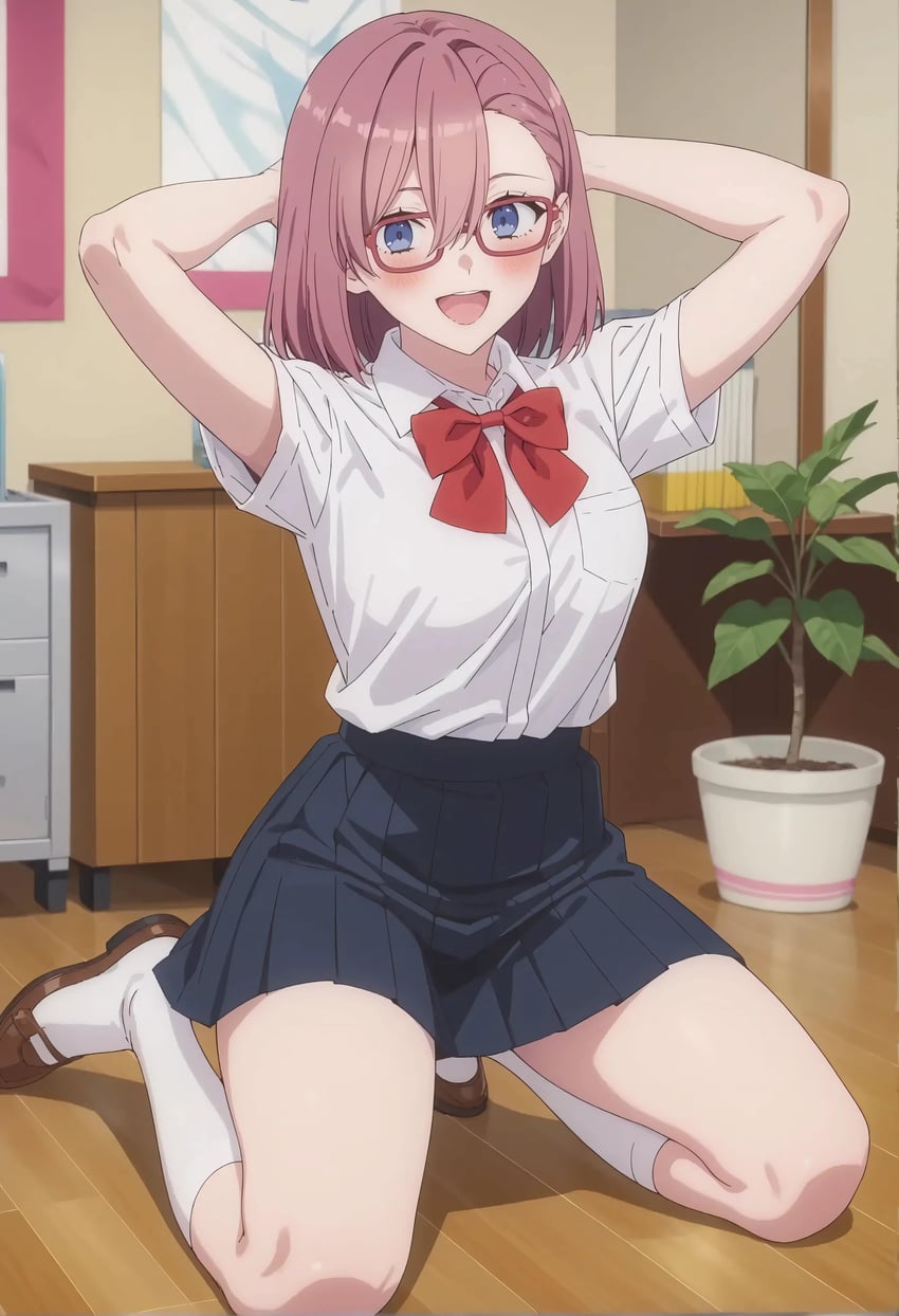 1girl, 2.5_jigen_no_ririsa, absurdres, amano_ririsa, arms_behind_head, bangs, blush, glasses