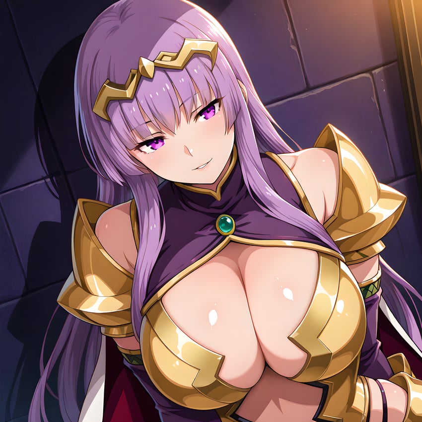 1girl, absurdres, armor, breasts, claudette_(queen's_blade), cleavage, crown, elbow_gloves