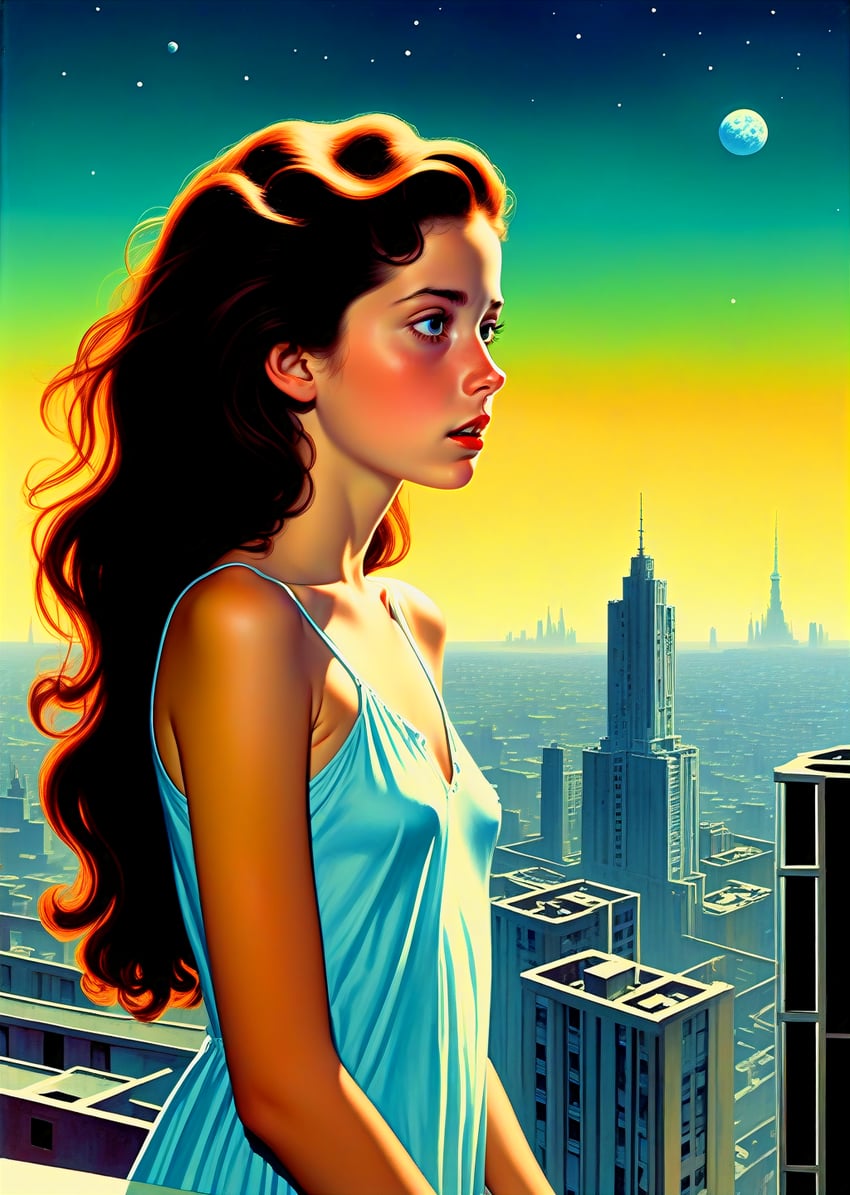 1girl, arms_at_sides, bare_arms, bare_shoulders, blue_dress, blue_eyes, breasts, brown_hair