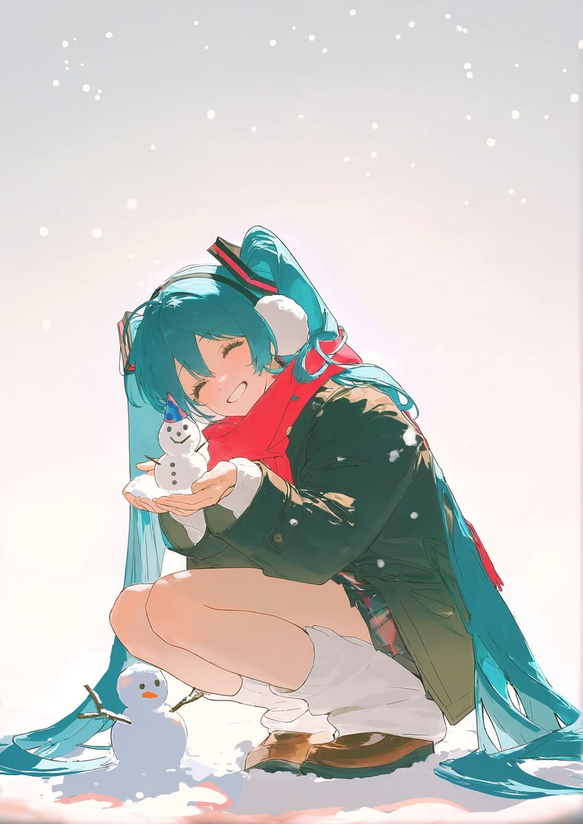 1girl, aqua_hair, b74, bangs, closed_eyes, coat, cupping_hands, earmuffs, enpera, first-party_edit, gradient, gradient_background, grey_background, hair_between_eyes, hair_ornament, hatsune_miku, highres, long_hair, loose_socks, noobai-xl, scarf, self-upload, simple_background, smile, snow, snowing, snowman, socks, solo, squatting, twintails, very_long_hair, vocaloid, white_background, winter_clothes, winter_coat