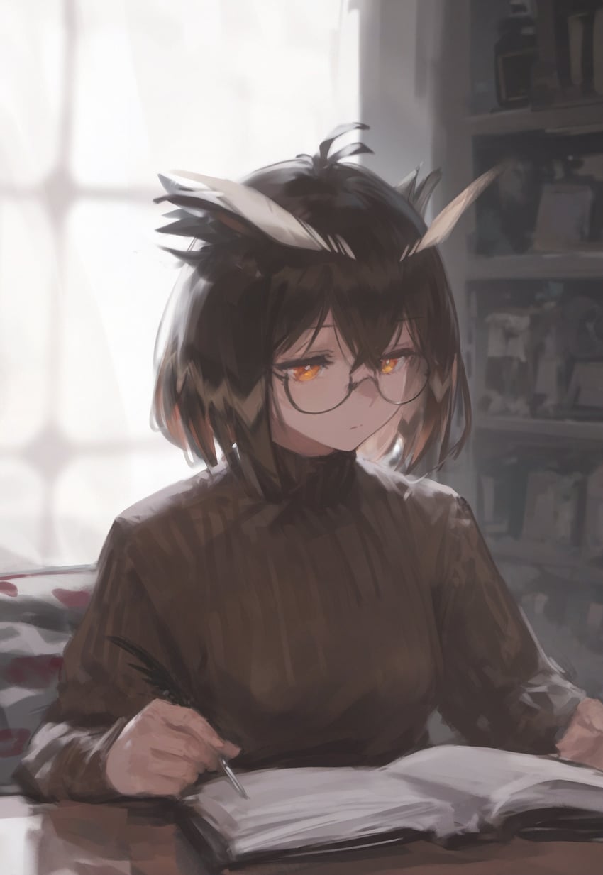 10664_(artist), 1girl, arknights, blurry, bob_cut, book, bookshelf, brown_hair