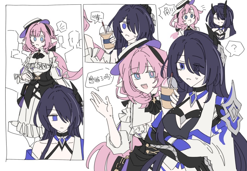 2girls, ?, acheron_(honkai:_star_rail), black_choker, black_gloves, blue_eyes, chinese_text, choker