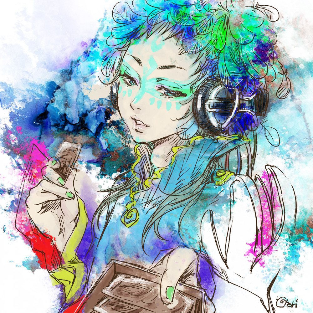 1other, androgynous, blue_eyes, blue_hair, cotori_(globule), facepaint, facial_mark, feathers