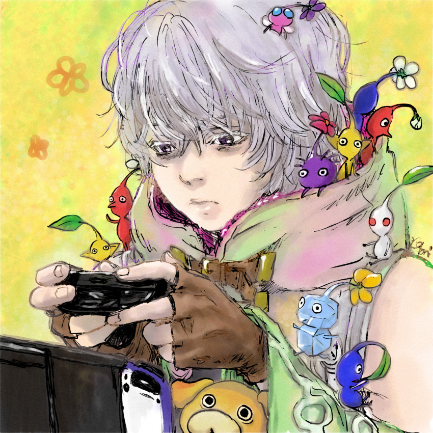 1boy, bags_under_eyes, bare_shoulders, cotori_(globule), crossover, detached_sleeves, fingerless_gloves, gloves