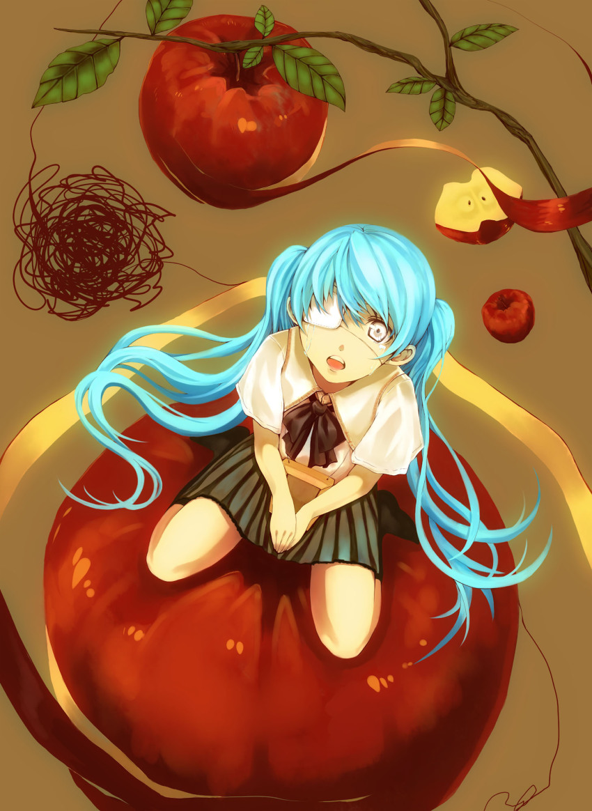 1girl, apple, aqua_hair, bandage_over_one_eye, eyepatch, female_focus, food, fruit