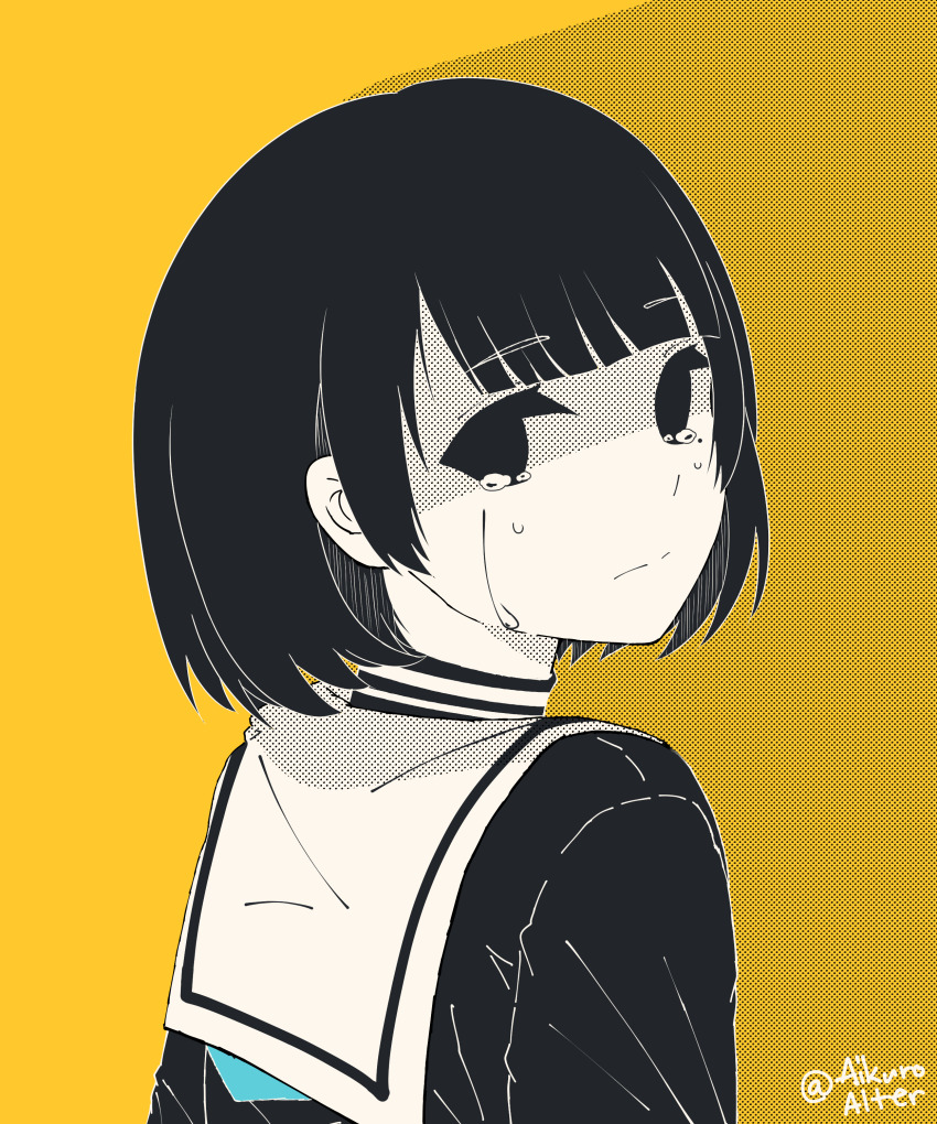 1girl, absurdres, aikuroalter, artist_name, black_eyes, black_hair, black_serafuku, blunt_bangs