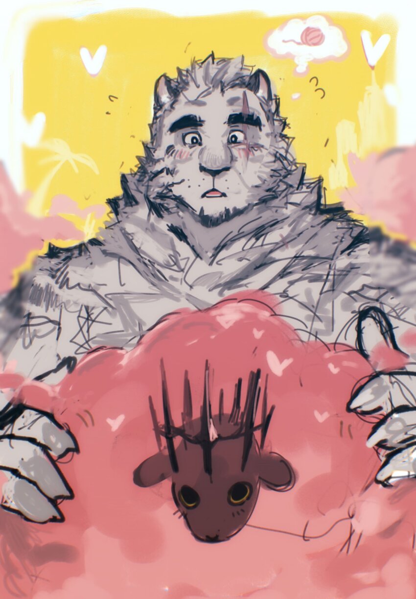 2boys, animal, animal_ears, arknights, bara, blush, claws, commentary