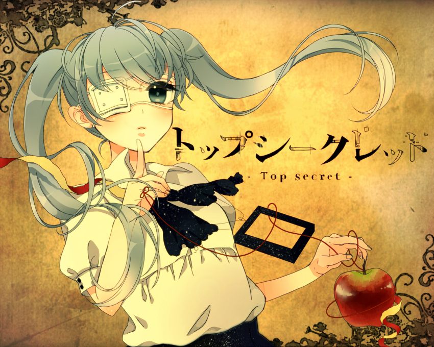 1girl, apple, bandage_over_one_eye, eyepatch, female_focus, food, fruit, hatsune_miku