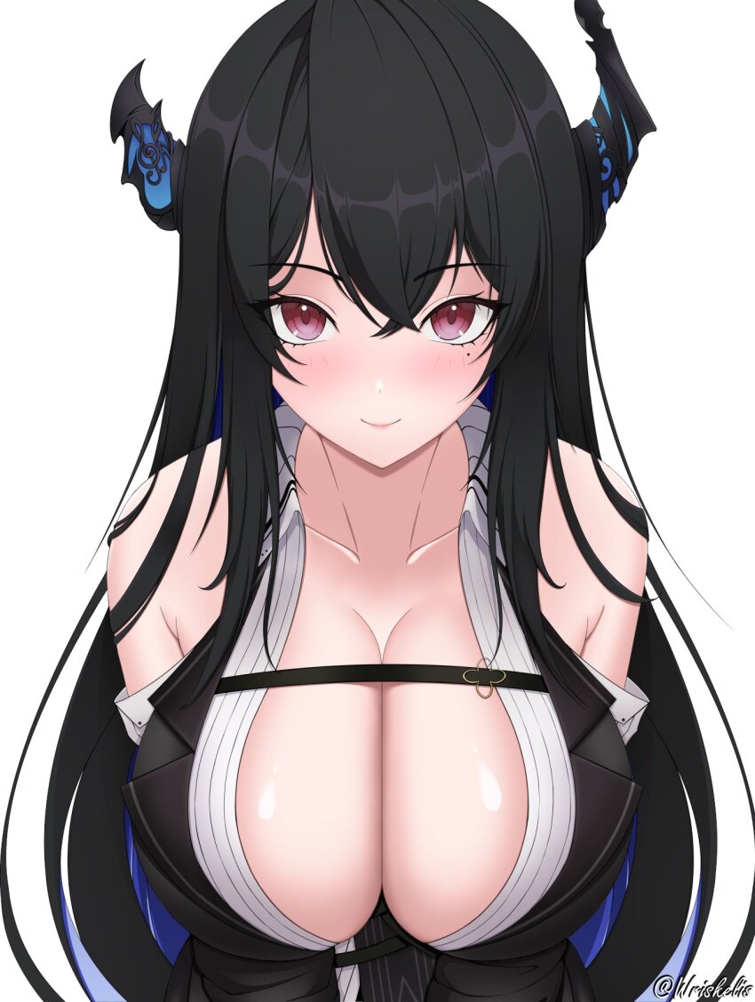 1girl, adapted_costume, asymmetrical_horns, bare_shoulders, black_hair, blue_hair, blush, breast_focus