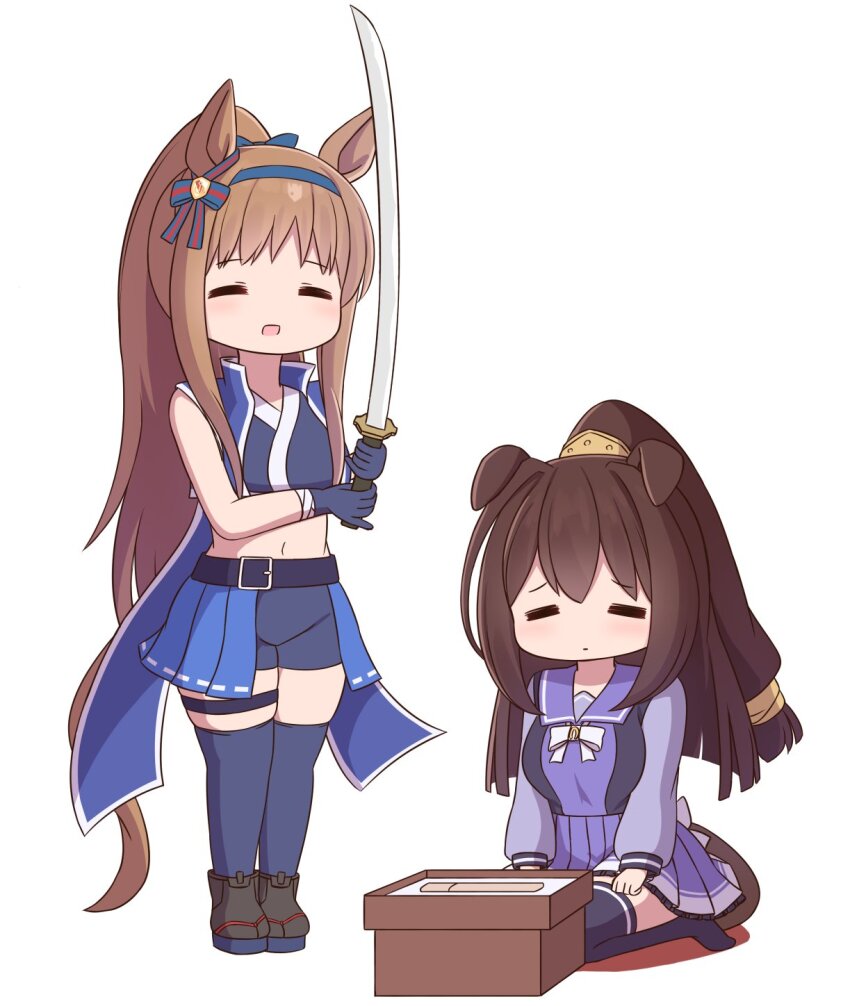 2girls, =_=, alternate_costume, animal_ears, black_hair, breasts, brown_hair, closed_eyes