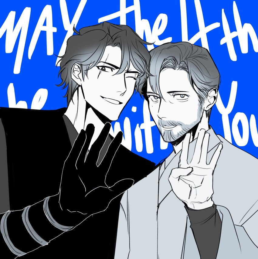 2boys, anakin_skywalker, beard, blue_background, facial_hair, hair_between_eyes, highres, jedi, teacher_and_student, star_wars_day, mole, mole_under_eye, multiple_boys, obi-wan_kenobi, one_eye_closed, scar, scar_across_eye, scar_on_face, star_wars, star_wars:_revenge_of_the_sith, x_violet