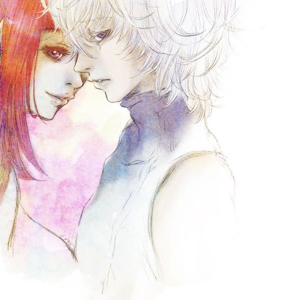 1boy, 1girl, cotori_(globule), from_side, gnosia, long_hair, looking_back, official_art